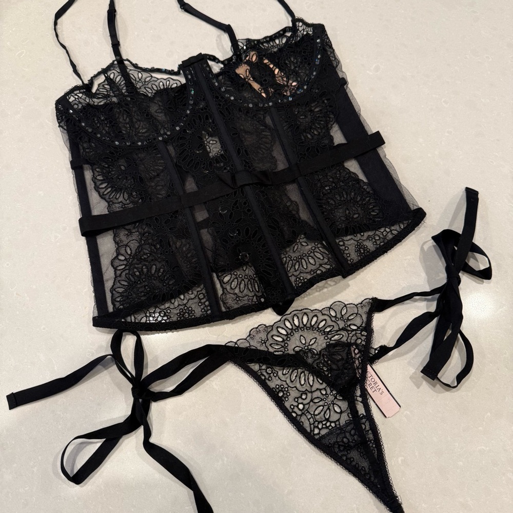 Victoria's Secret Designer Swarovski Crystal Black Lace Lingerie Set